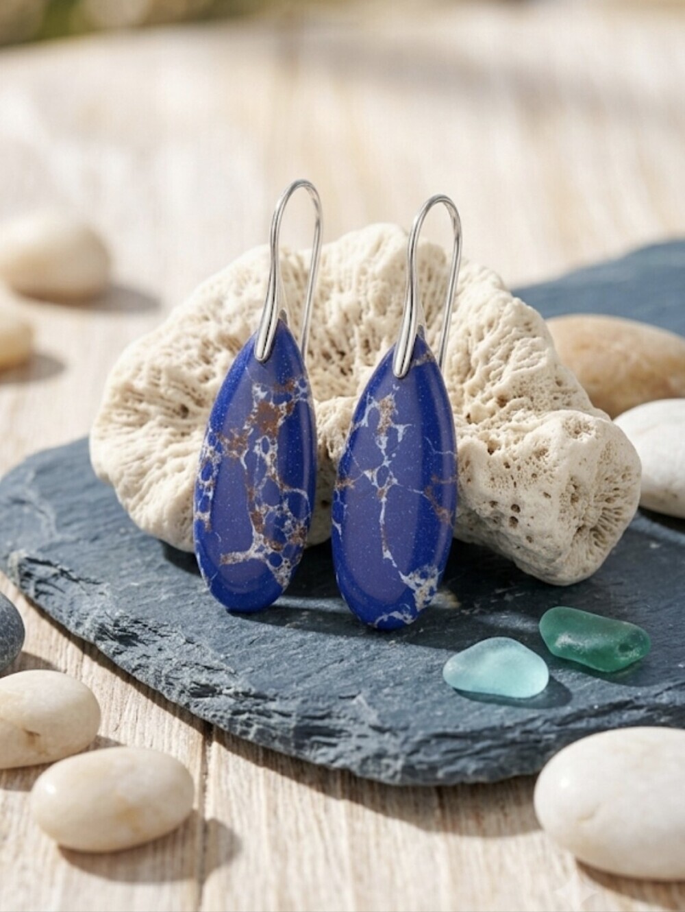 Silver Plated Blue Imperial Jasper Gold Matrix Boho Teardrop Drop Earrings 2"